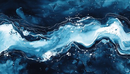abstract line art illustration featuring a dark blue sea background with white stains seaweed tidal 