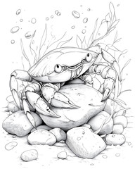 Wall Mural - A crab is sitting on a rock in the water. The crab is looking up at the camera