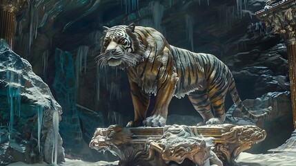 On the glacial floor a olive tiger statue hangs on an ornamental