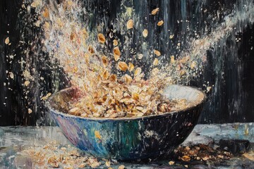 Oil painting depicting buckwheat flakes cascading from a bowl of cornflakes featuring a mix of textures and colors