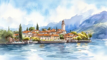 Wall Mural - Watercolor sketch illustration of a historic town on an island