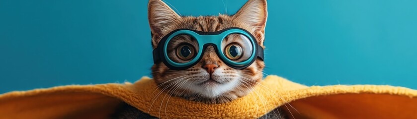 Cute cat dressed as a superhero, wearing goggles and a cape, flying in front of a blue backdrop