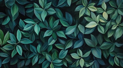 Oil painting depicting dark green leaves in a garden setting showcasing the beauty of natural foliage and serving as an eco friendly wallpaper design