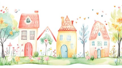 Sticker - Watercolor illustration of whimsical houses in soft pastel hues surrounded by flowers and trees set against a white backdrop