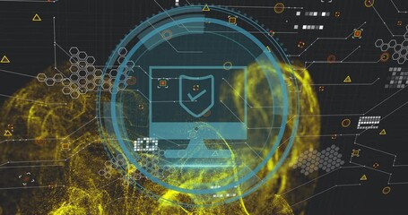 Sticker - Cybersecurity shield and data protection animation over digital network background