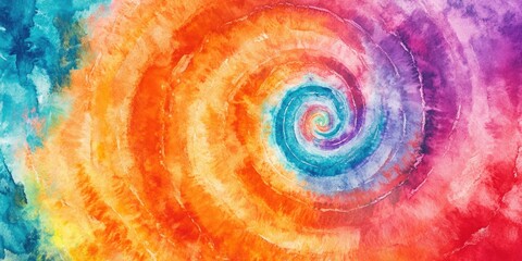 Poster - Watercolor Swirl with Psychedelic Effects Colorful Tie Dye Pattern Vibrant Orange Wave Design Rainbow Spiral Print Bohemian Aesthetic Hypnotic Swirl