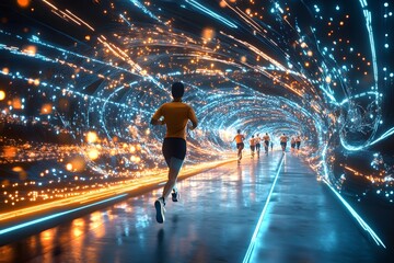 Wall Mural - Running Through a Neon Tunnel of Light.