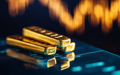 Close-up of shining gold bars resting on a digital screen, representing wealth and investment amidst financial data trends.