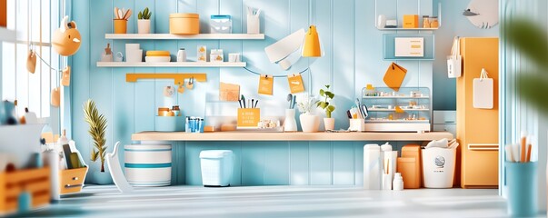 Canvas Print - Minimalist Kitchen Interior Design with Yellow and Blue Accents.