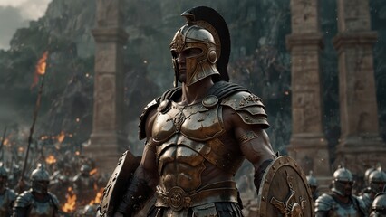  A statue of Ares clad in armor, holding a shield, with a background of an ancient battlefield, strewn with broken swords and shattered helmets.