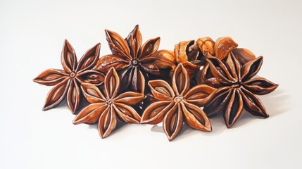 Wall Mural - Oil painting of star anise on a white background showcasing the unique shape and texture of the spice