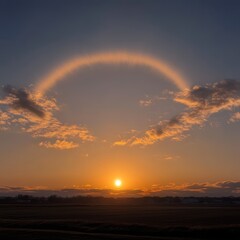 Poster - A halo forms around the setting sun, with clouds and a field in the foreground.