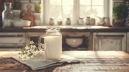 Fresh milk on a wooden table in the kitchen background