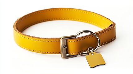 Dog collar made of yellow leather with a tag, isolated on white