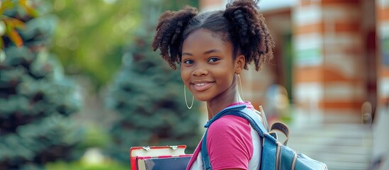 African American teen girl near university holding books smiling at camera Modern education concept with copy space image