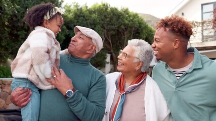 Canvas Print - Smile, care and outdoor with big family at home for happiness, generations and summer. Grandparents, funny and child with group of people laughing at house together for love, bonding and Brazil.