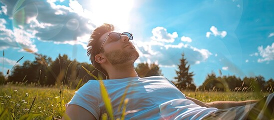 A young man is chilling outdoors taking in the fresh air and relaxing during his weekend ideal for a copy space image