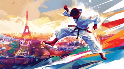 Wall Mural - A judo competitor competing, with Paris landmarks in the background, depicted in refined vector design.