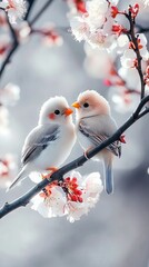 Wall Mural - Two birds sitting on a branch with white flowers