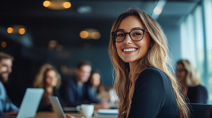 Smiling woman glasses blonde hair office meeting table laptop. Generative AI