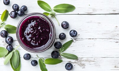 A Jar of Homemade Huckleberry Jam Surrounded by Fresh Huckleberries