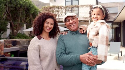 Canvas Print - Love, happiness and outdoor with face of family at home for smile, generations and summer. Grandparents, mother and child with portrait of people at house together for care, bonding and Brazil