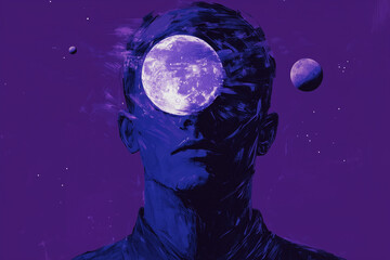 Surreal Portrait of a Man with Moon in Place of Eye Against Cosmic Purple Background