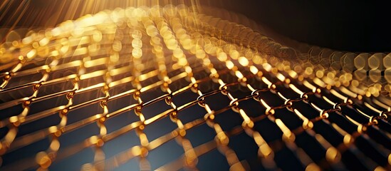 A golden circular chain mesh against a dark backdrop with a sunbeam pattern resembling a grid on the copy space image