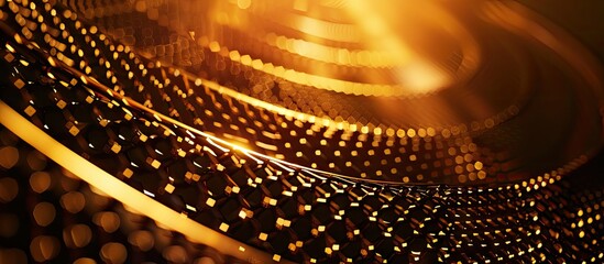 A golden circular chain mesh against a dark backdrop with a sunbeam pattern resembling a grid on the copy space image