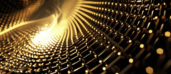 A golden circular chain mesh against a dark backdrop with a sunbeam pattern resembling a grid on the copy space image