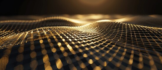 A golden circular chain mesh against a dark backdrop with a sunbeam pattern resembling a grid on the copy space image