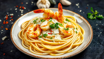 A plate of freshly made spaghetti with creamy Alfredo sauce, topped with grilled shrimp, Parmesan shavings, and chopped parsley, presented on a dark slate background with scattered ingredients 