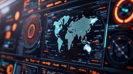 Close-up of AI-driven cybersecurity dashboard monitoring financial transactions, fintech, security interface