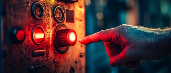 Close-Up of a Glowing Red Lever on an Old Metal Control Panel