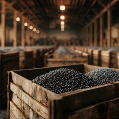 Wall Mural - Poppy seeds harvested in wooden boxes in a warehouse. Natural organic fruit abundance. Healthy and natural food storing and shipping concept.