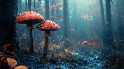 Enchanted Forest with Two Red Mushrooms