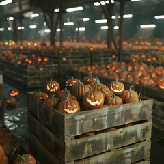 Wall Mural - Shining carved Halloween pumpkins harvested in wooden boxes in a warehouse.