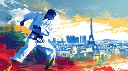 Wall Mural - A judo competitor competing, with Paris landmarks in the background, depicted in refined vector design.