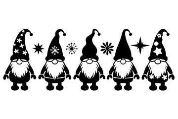 Gnome Christmas silhouette vector illustration, Dancing dwarfs stencils. Gnome with a gift, with a star and a gnome with a magic wand. Winter decorations.