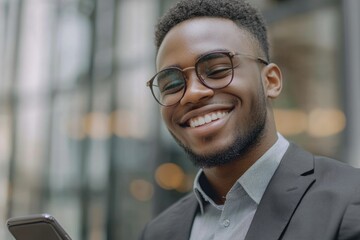 Close up portrait of a smiling young businessman looking at mobile phone