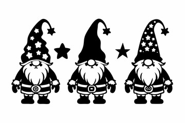 Gnome Christmas silhouette vector illustration, Dancing dwarfs stencils. Gnome with a gift, with a star and a gnome with a magic wand. Winter decorations.