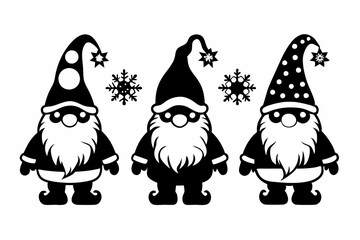 Gnome Christmas silhouette vector illustration, Dancing dwarfs stencils. Gnome with a gift, with a star and a gnome with a magic wand. Winter decorations.