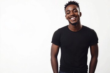 Full body portrait of handsome young african american man laughing against isolated white background