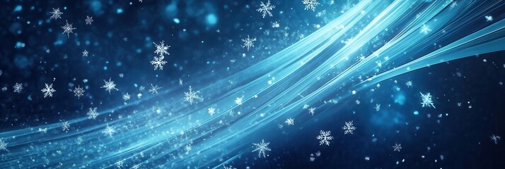 Aufkleber - Delicate snowflakes float amidst flowing lines, creating a mesmerizing winter ambiance on a tranquil blue background. Generative AI