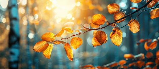 Wall Mural - Autumnal leaves clinging to a tree branch in the woods with copy space image