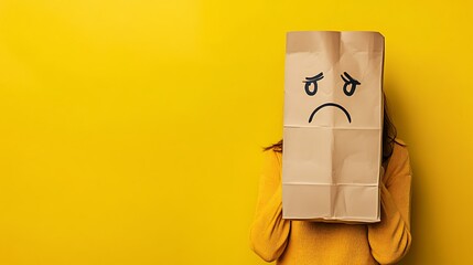 A person in a yellow sweater is covering their face with a paper bag with a sad face drawn on it against a yellow background.