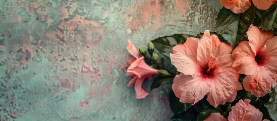 Wall Mural - A morning shot of pink flowers and leaves against a wall with a close up view showing the texture of pink flowers in a garden setting with natural light in summer creating a pink flower copy space ima