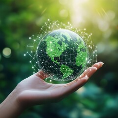 Sticker - A hand holding a green globe with a network of lines connecting the continents, symbolizing global connection and sustainability.