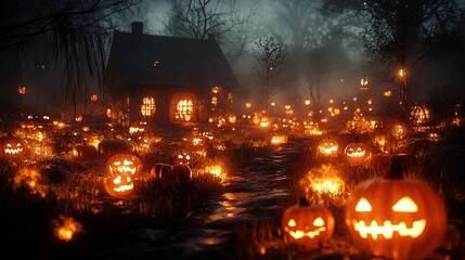 A spooky Halloween party held outdoors, with bonfires and lanterns lighting up the area.