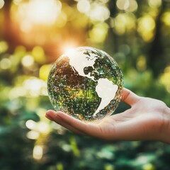 Canvas Print - A hand holds a glass globe with the continents visible in front of a blurred background of green leaves and sunlight.